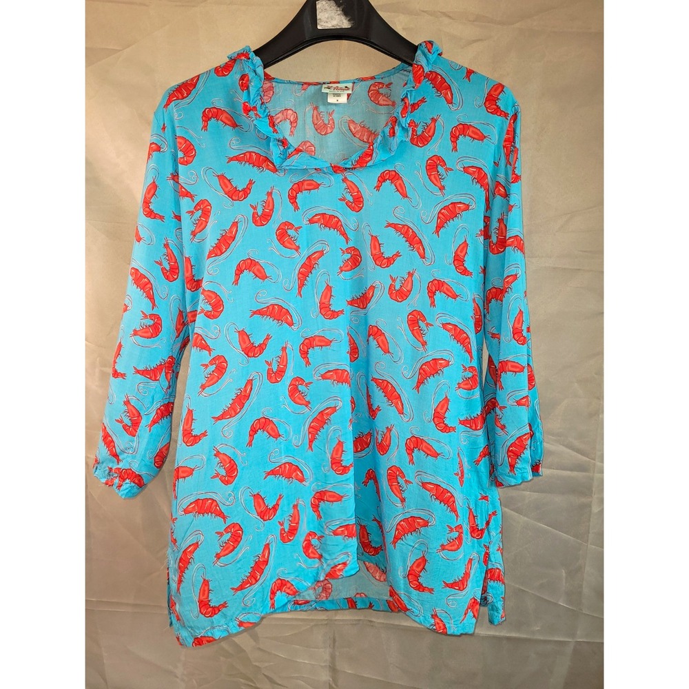 Haley & The Hound Womens M Blue/Red Shrimp Print Ruffle V-Neck 3/4 Blouse